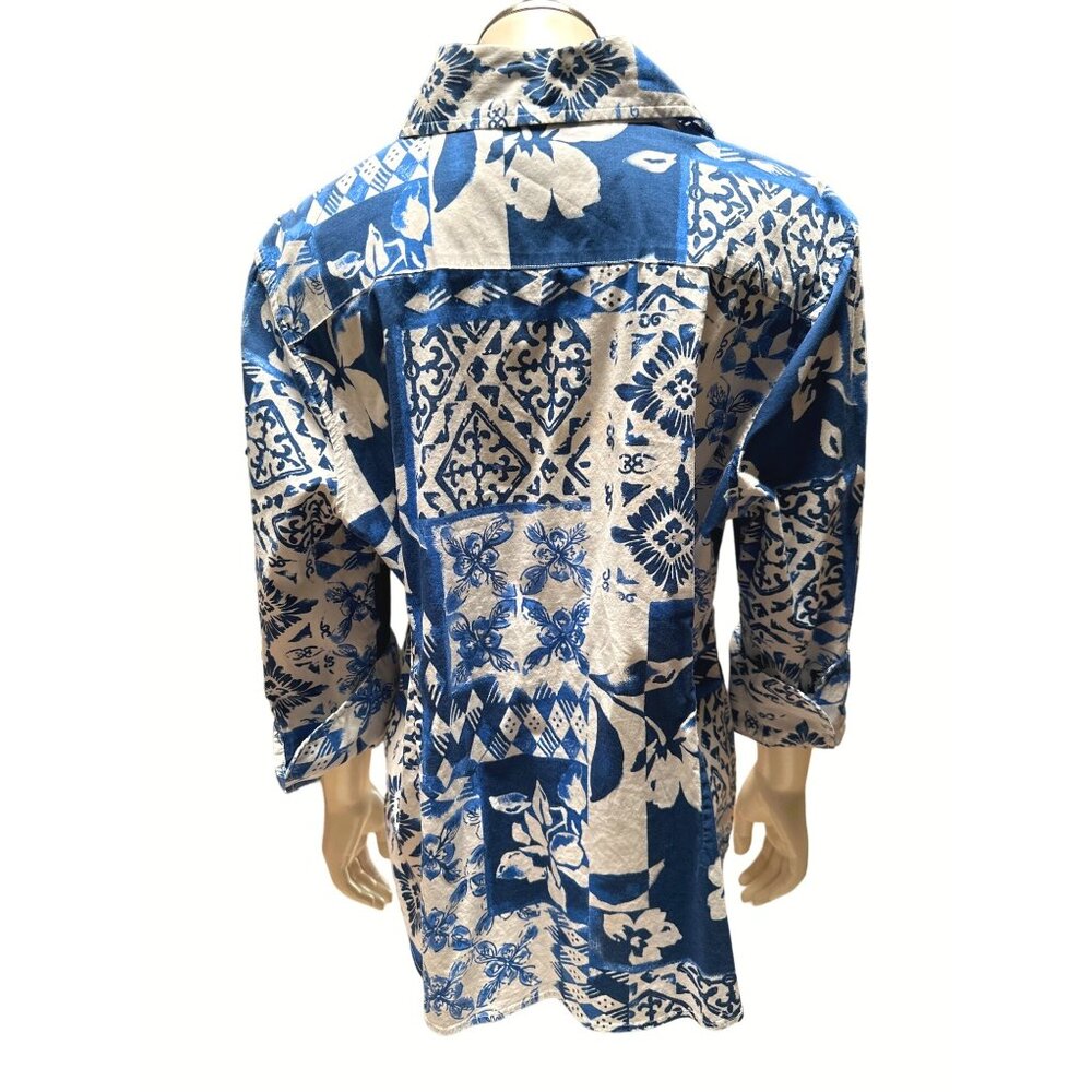 Coldwater Creek Womens L Blue White Floral Button Up Shirt Cotton Spandex Blend - Picture 3 of 8